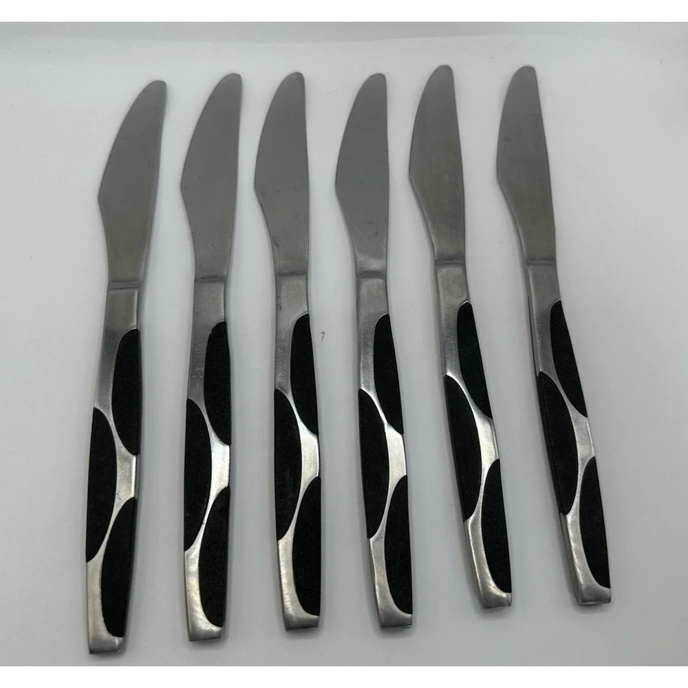 Service for 6 Vintage Japan Black Half Circle Flatware Forks Knives Tablespoons